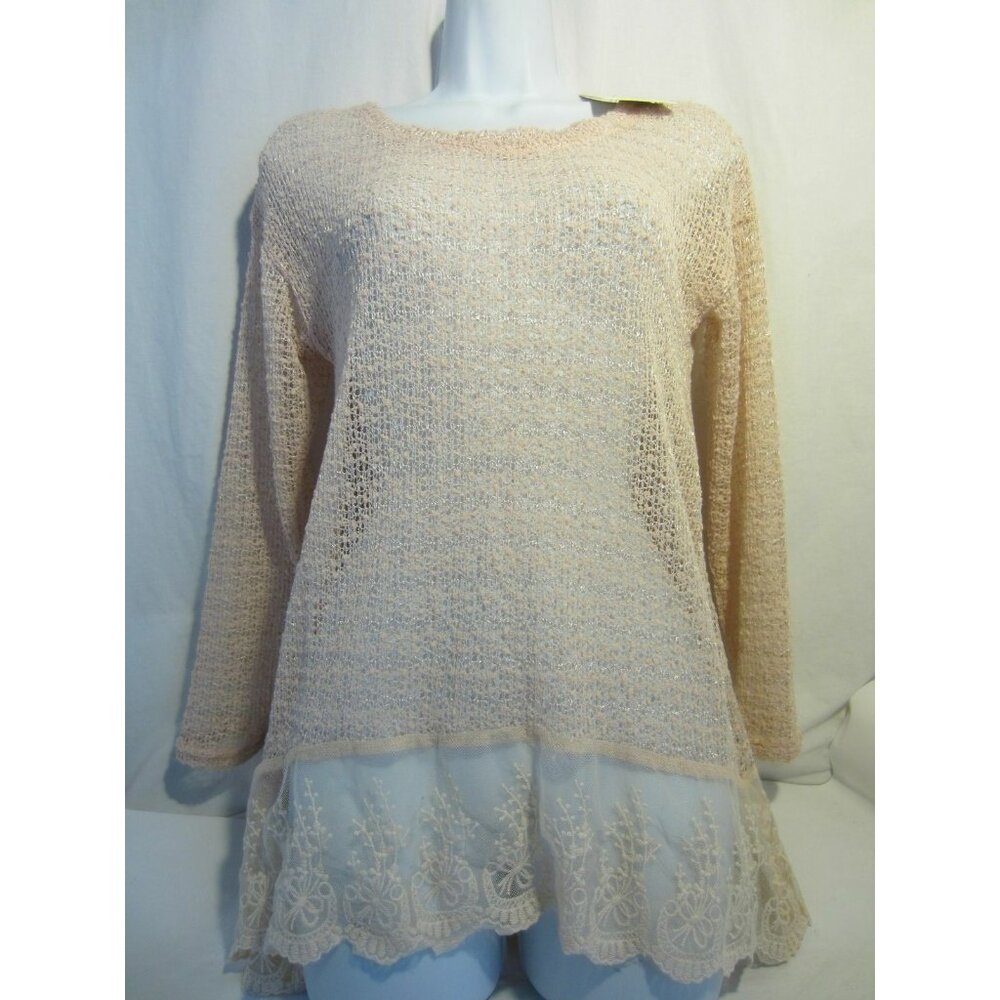 AREVE peach pastel orange sheer knit top w/ brown sheer back bow Women S NWT